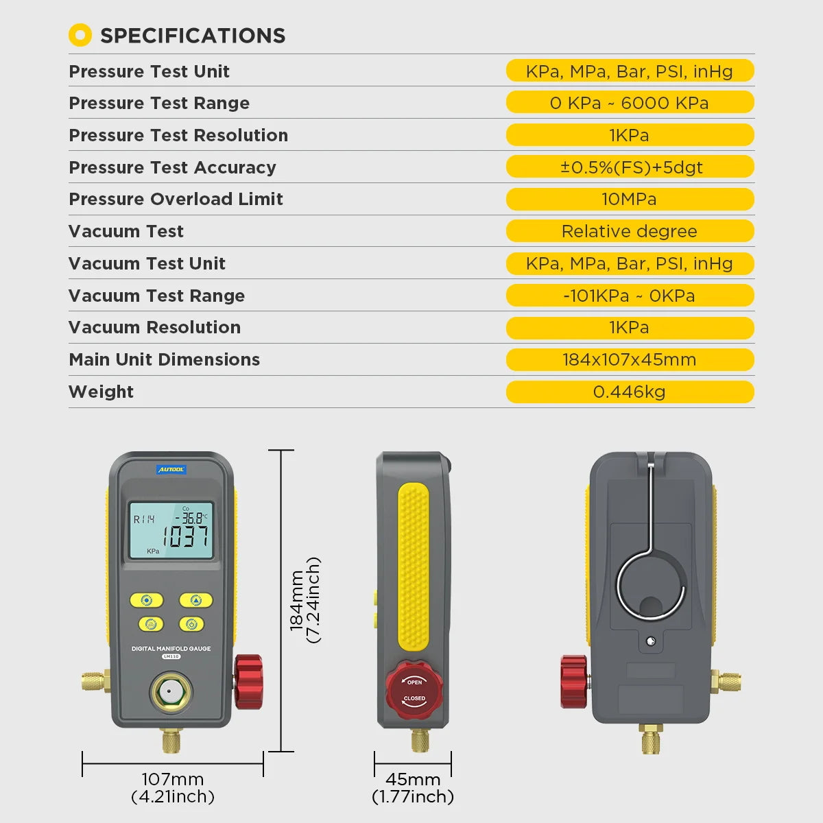 AUTOOL LM110 Digital Manifold Meter Air Conditioner Refrigerant Leak Tester Pressure Gauge Kit HVAC Vacuum Temperature Tester