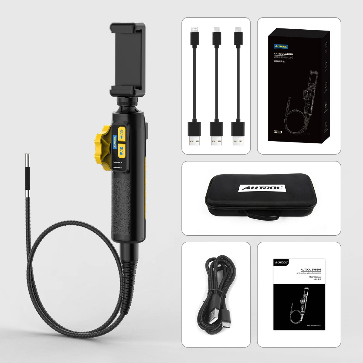 AUTOOL SVB302 1080 HD Automotive Industrial Endoscope with Light Autofocus Endoscope Inspection Camera Lens for IMG & Video