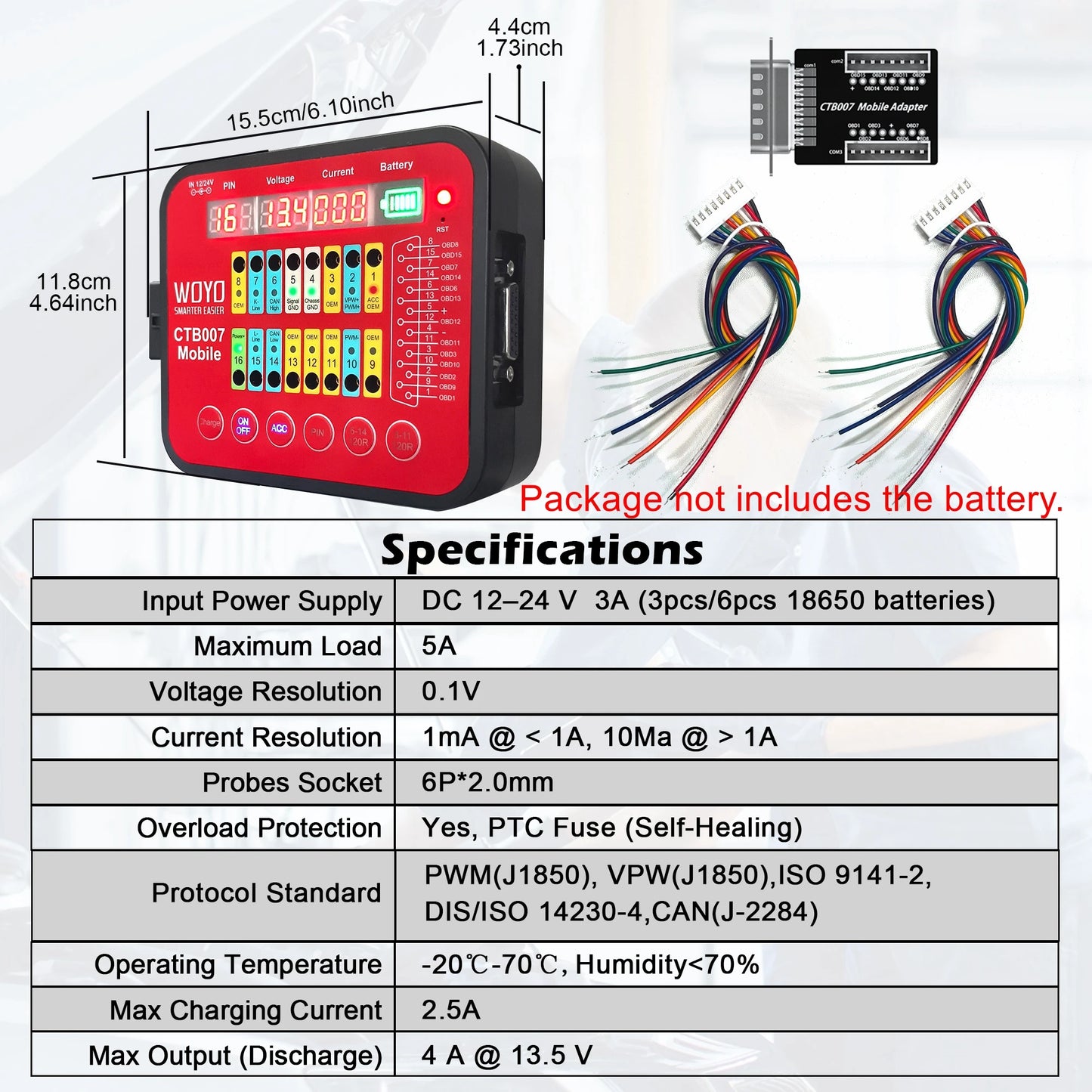 WOYO CTB007 Mobile Support Rechargerable Battery ECU Testing Tool With 2pcs Built-in 120 ohm Resistor, Provide ACC Power