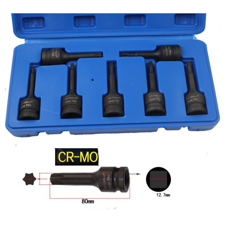 7pcs 1/2 Impact Torx TRX-Star Socket Bit Set T20 T25 T27 T30 T40 T45 T35 T45