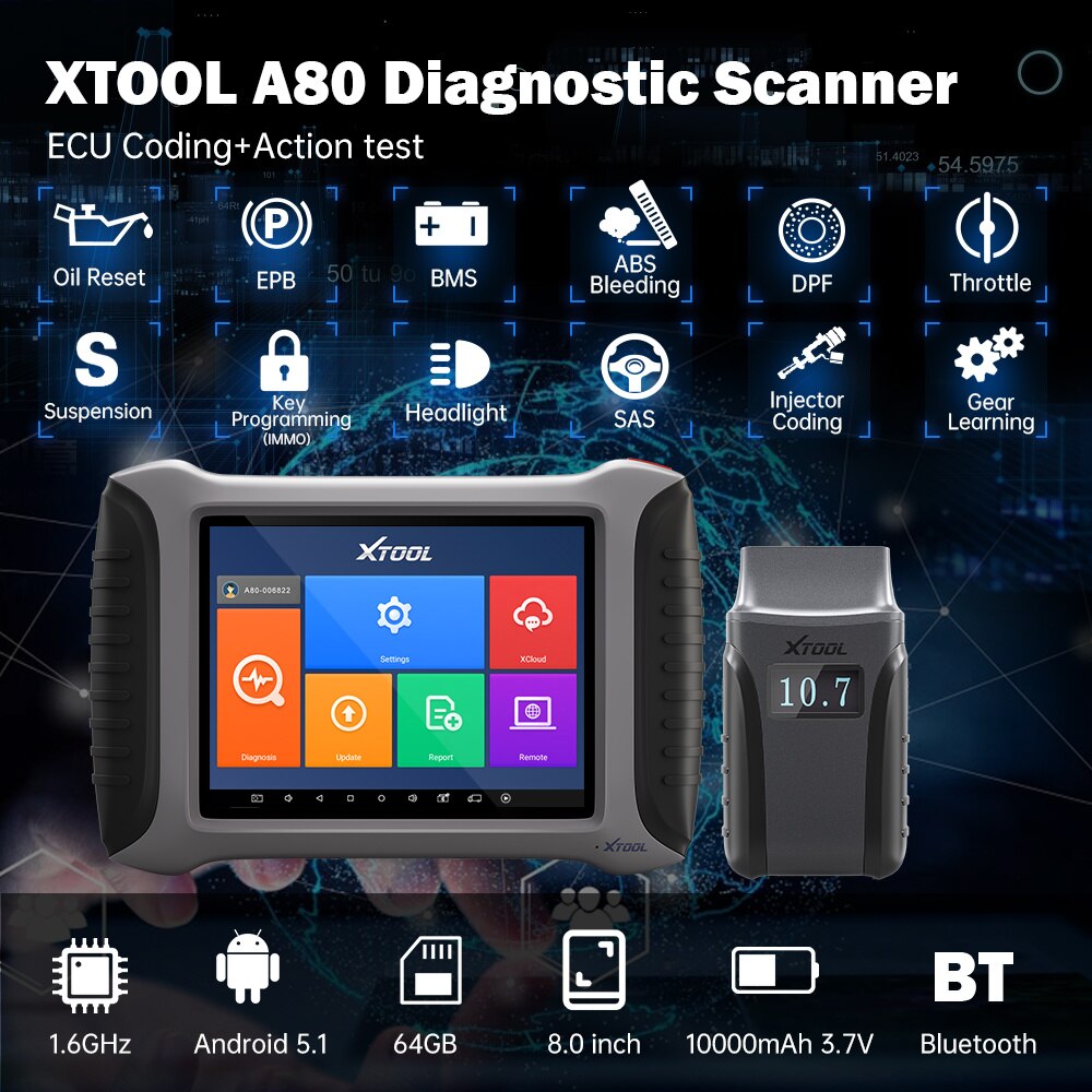 XTOOL A80 Automotive Full System Diagnosis Tool BT/WIFI Connection ECU Coding Active Test Scanner 31+Reset Functions Free Update