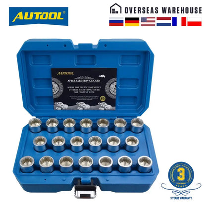 AUTOOL 20pcs Spline Wheel Anti-Theft Lock Lug Nuts Key Socket Compatible for Porsche Wheel Screws Remover Socket Keys Kit