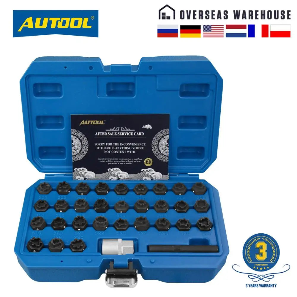 AUTOOL 32pcs Wheel Lock Lug Nuts Removal Keys Set Wheel Anti-Theft Screws Removal Tool Socket Keys Remover Kit for Mercedes Benz