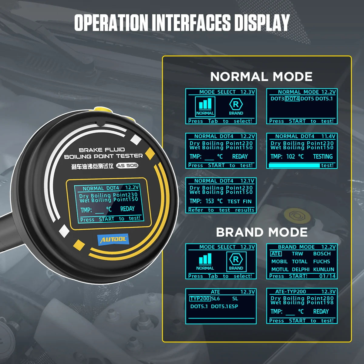 AUTOOL AS506 Brake Fluid Tester 12/24V Automotive Brake Oil Tester Compatible for DOT3/DOT4/DOT5.1/ENV4/ENV6 ATE/TRW/BOSCH/MOBIL