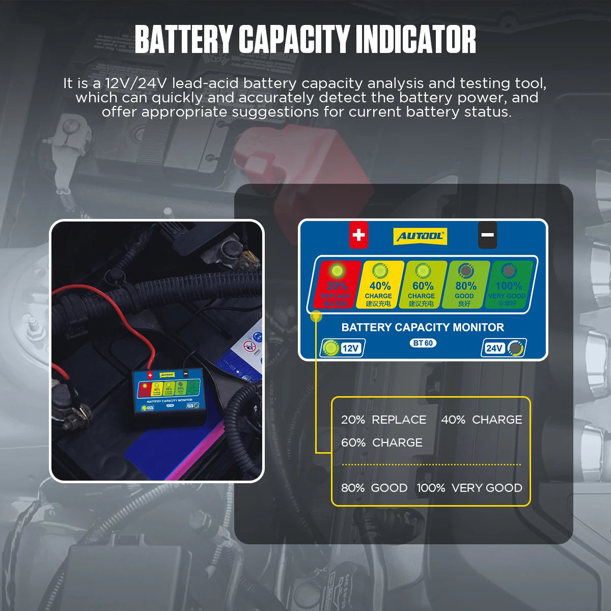 AUTOOL BT60 12V/24V Car Battery Tester Cranking Charging Circut Tester Battery Analyzer 12V/24V Battery Tester 2000CCA