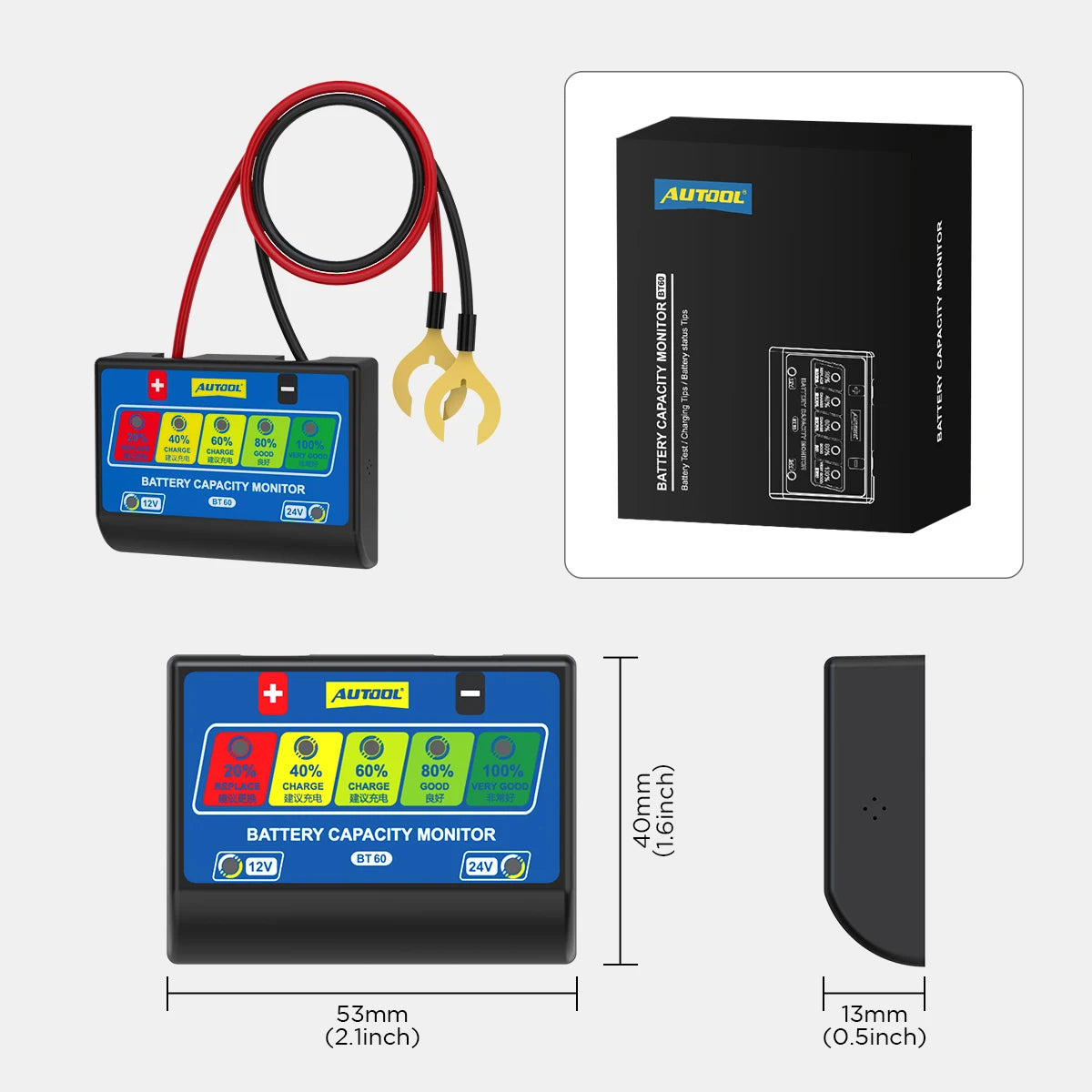 AUTOOL BT60 12V/24V Car Battery Tester Cranking Charging Circut Tester Battery Analyzer 12V/24V Battery Tester 2000CCA