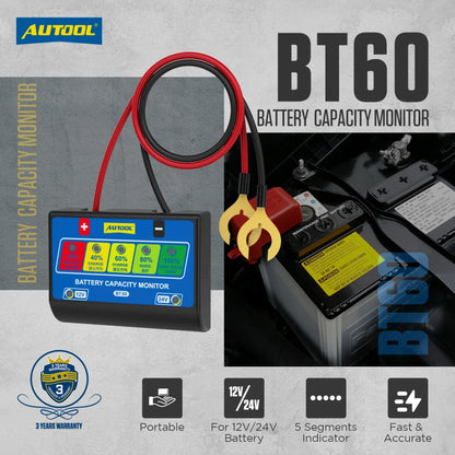 AUTOOL BT60 12V/24V Car Battery Tester Cranking Charging Circut Tester Battery Analyzer 12V/24V Battery Tester 2000CCA