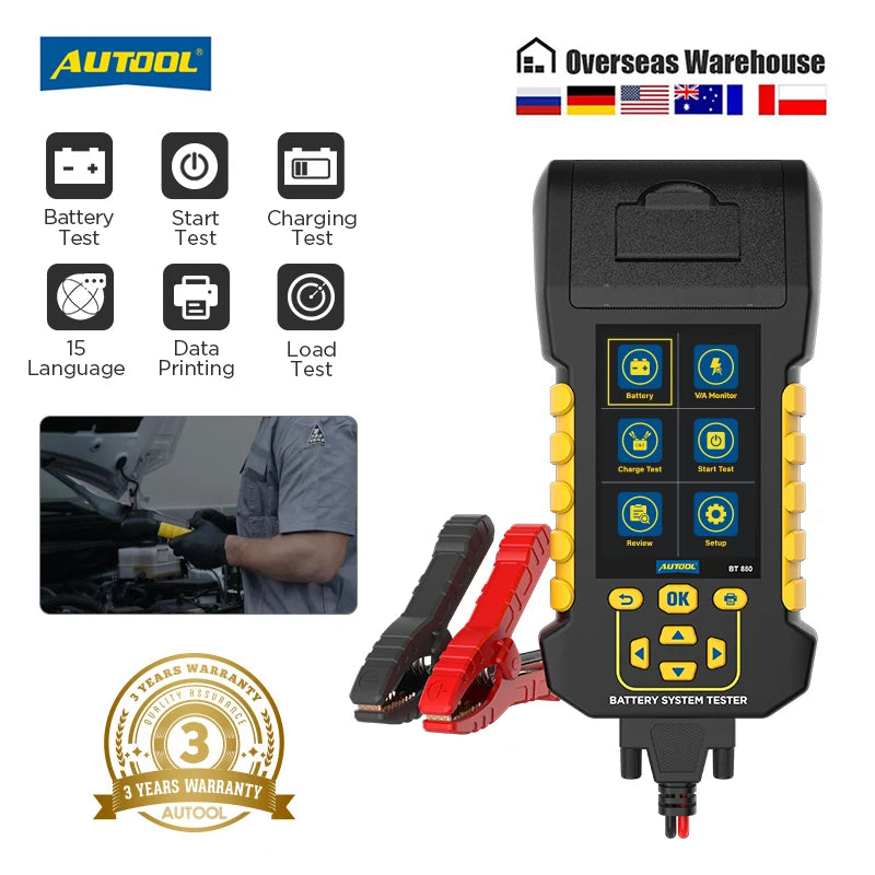 AUTOOL BT880 Battery Tester with Printer 8-30V V/A Monitor&Cranking Test&Charging Test&Start Test& Max Load Test & Data Review