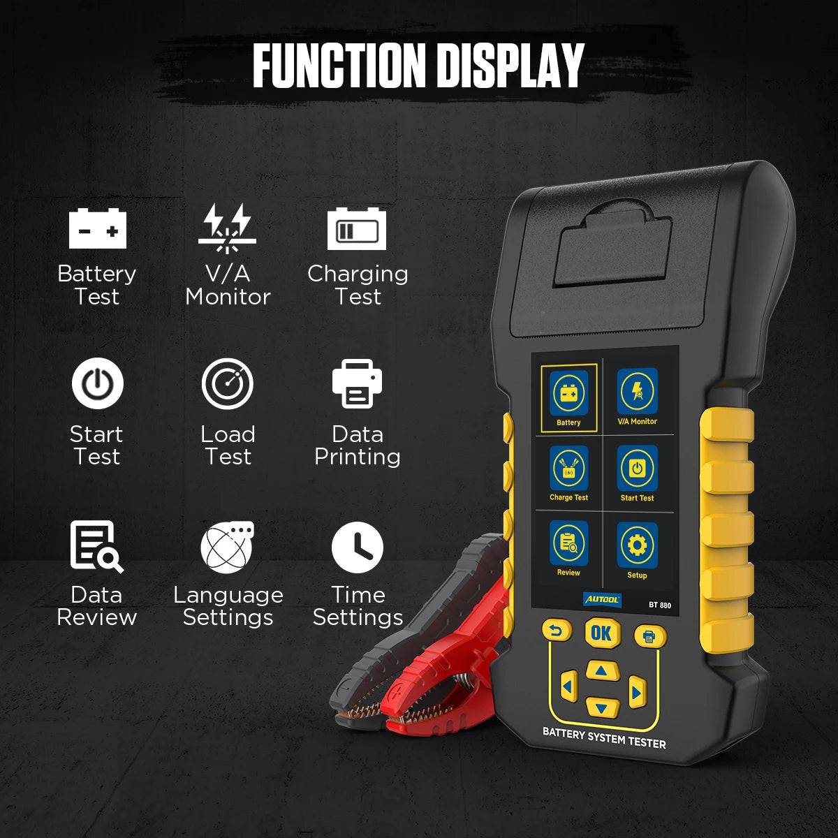 AUTOOL BT880 Battery Tester with Printer 8-30V V/A Monitor&Cranking Test&Charging Test&Start Test& Max Load Test & Data Review