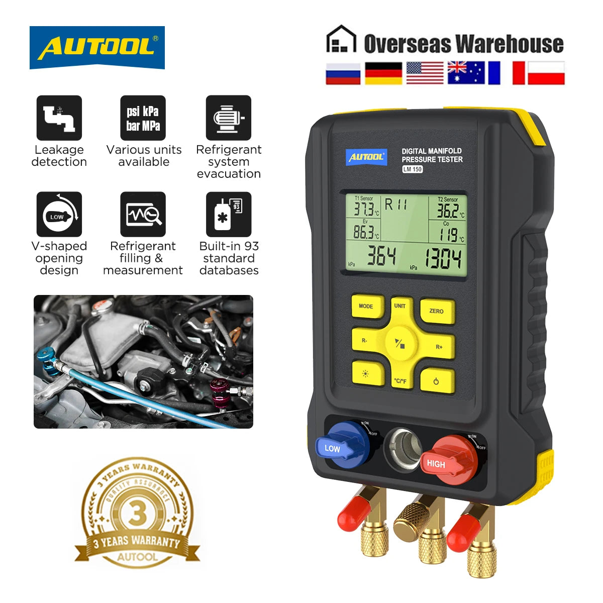 AUTOOL LM150 Digital Manifold Gauge for Refrigerant filling and press ...