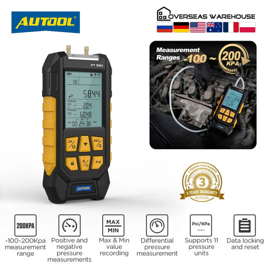 AUTOOL PT520 Digital Differential Manometer -100-200Kpa Air Pressure Gauge Negative Vacuum Gauge Meter Monitoring Manometro 512A