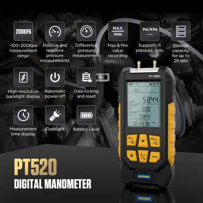 AUTOOL PT520 Digital Differential Manometer -100-200Kpa Air Pressure Gauge Negative Vacuum Gauge Meter Monitoring Manometro 512A