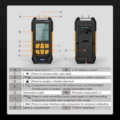 AUTOOL PT520 Digital Differential Manometer -100-200Kpa Air Pressure Gauge Negative Vacuum Gauge Meter Monitoring Manometro 512A