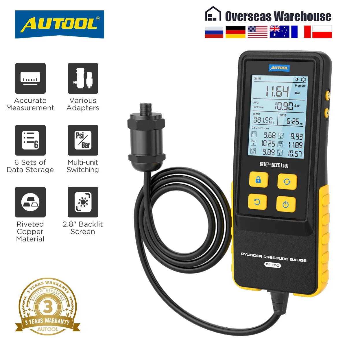 Autool Display AUTOOL PT610 Digital Display 0-426 PSI Cylinder Pressure Gauge Automo ...