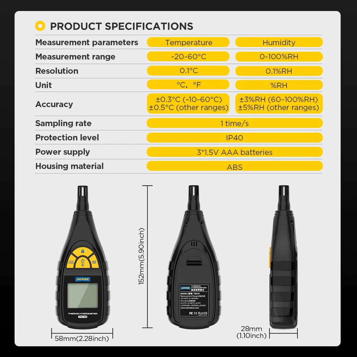 AUTOOL TM101 Digital Temperature Humidity Meter for Laboratory Thermo-Hygrometer Farm Plastic Shed Winery Ambient Moisture Meter