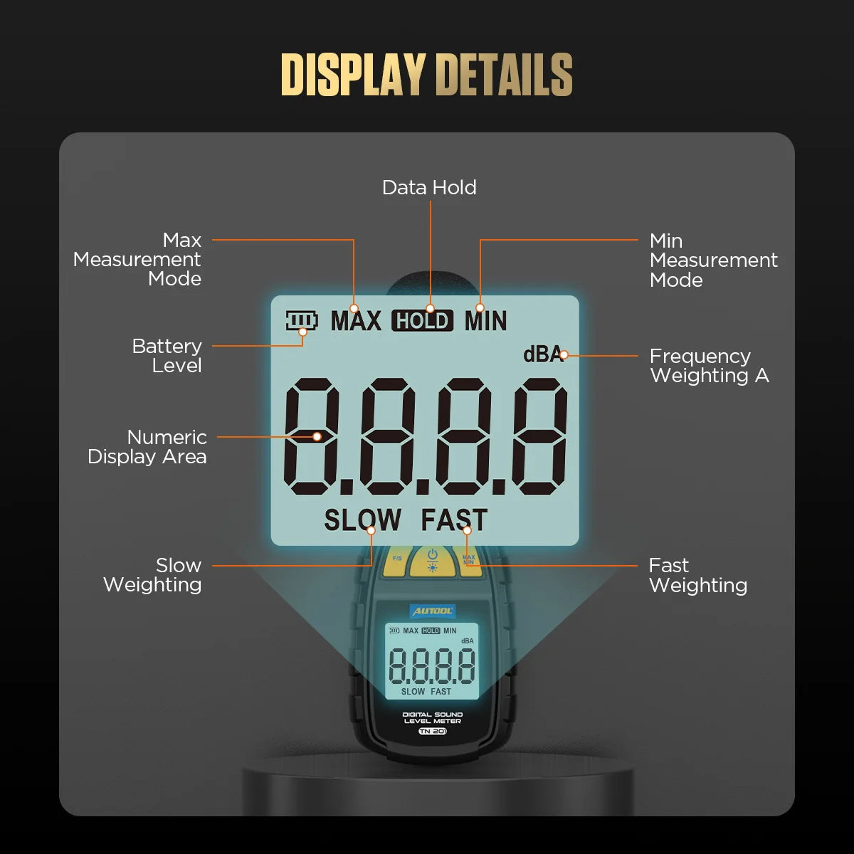 AUTOOL TN201 Digital Sound Level Meter Audio Meter Sonometro Sound Meter Decibelimetro 30-130dB Decibel Meter Mini Noise Meter