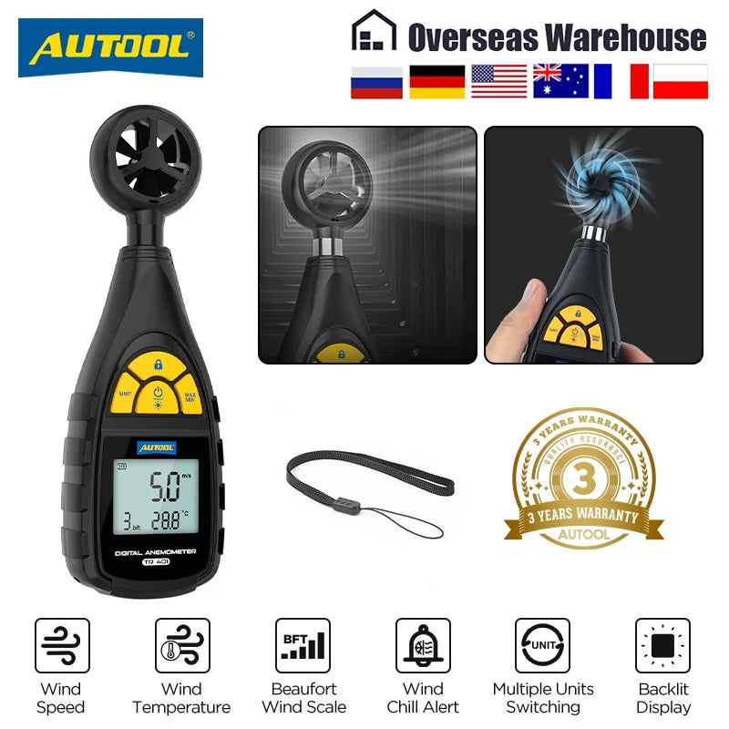 AUTOOL TR401 Digital Anemo-meter Air Volume Speedometer RPM Tester Wind Speed 0-30 m/s Measures Meter Tacho-meter