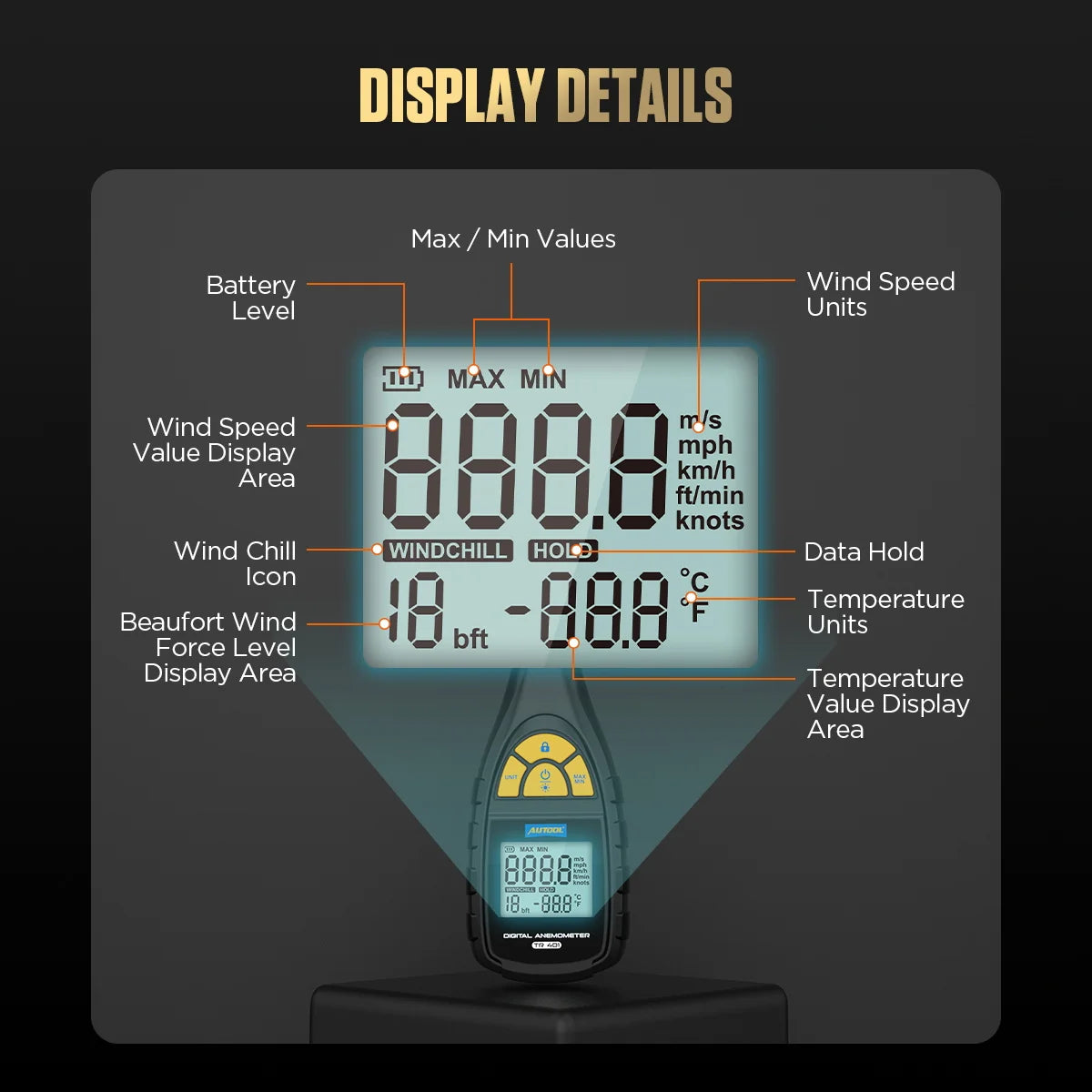 AUTOOL TR401 Digital Anemo-meter Air Volume Speedometer RPM Tester Wind Speed 0-30 m/s Measures Meter Tacho-meter