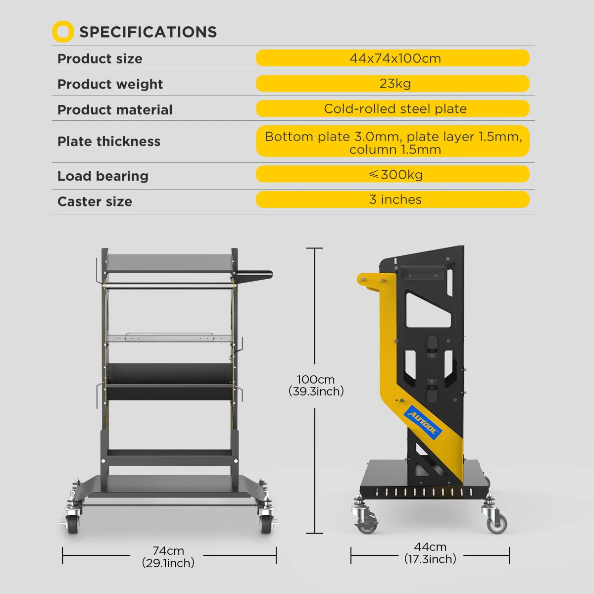 AUTOOL Tier Rolling Tool Cart 661 LBS Tiered Storage Capacity Heavy Duty Utility Mechanic Cart Tool for Programming Power