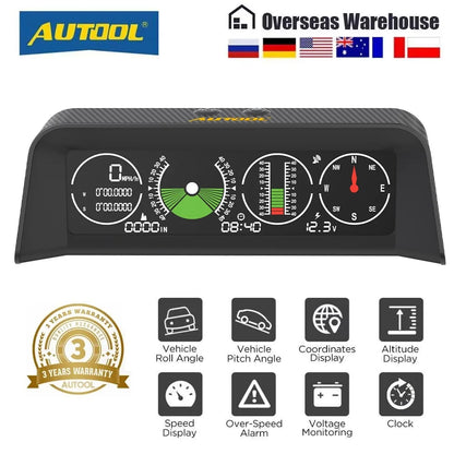 AUTOOL X90 GPS Speed PMH KMH Slope Meter Inclinometer Car Compass HUD Pitch Tilt Angle Protractor Clock Latitude Longitude