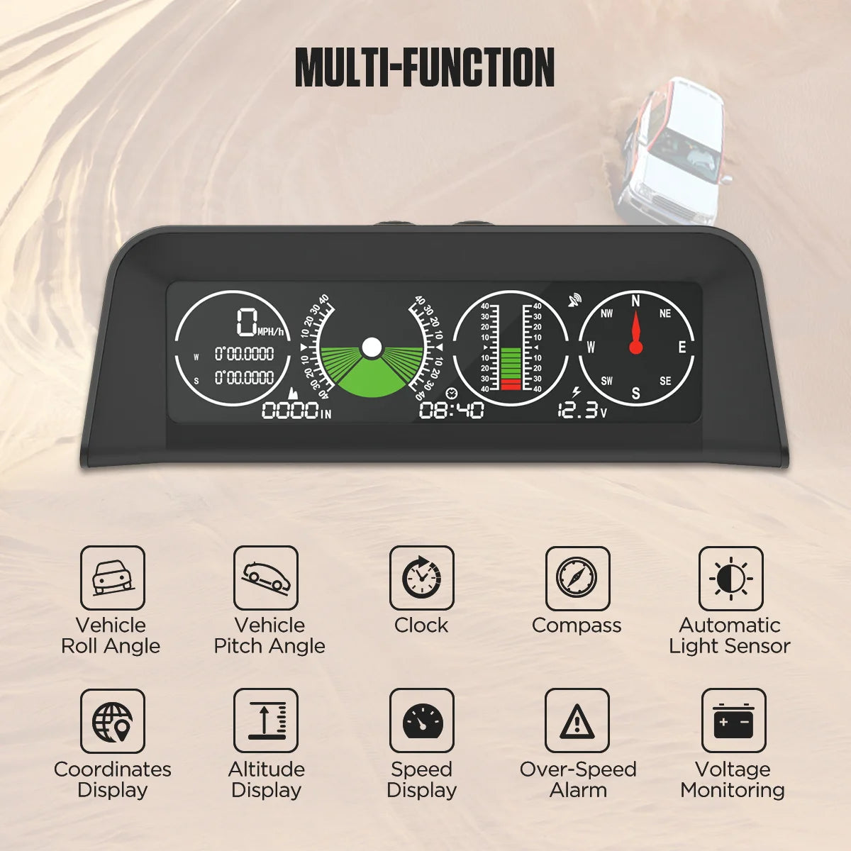 AUTOOL X90 GPS Speed PMH KMH Slope Meter Inclinometer Car Compass HUD Pitch Tilt Angle Protractor Clock Latitude Longitude