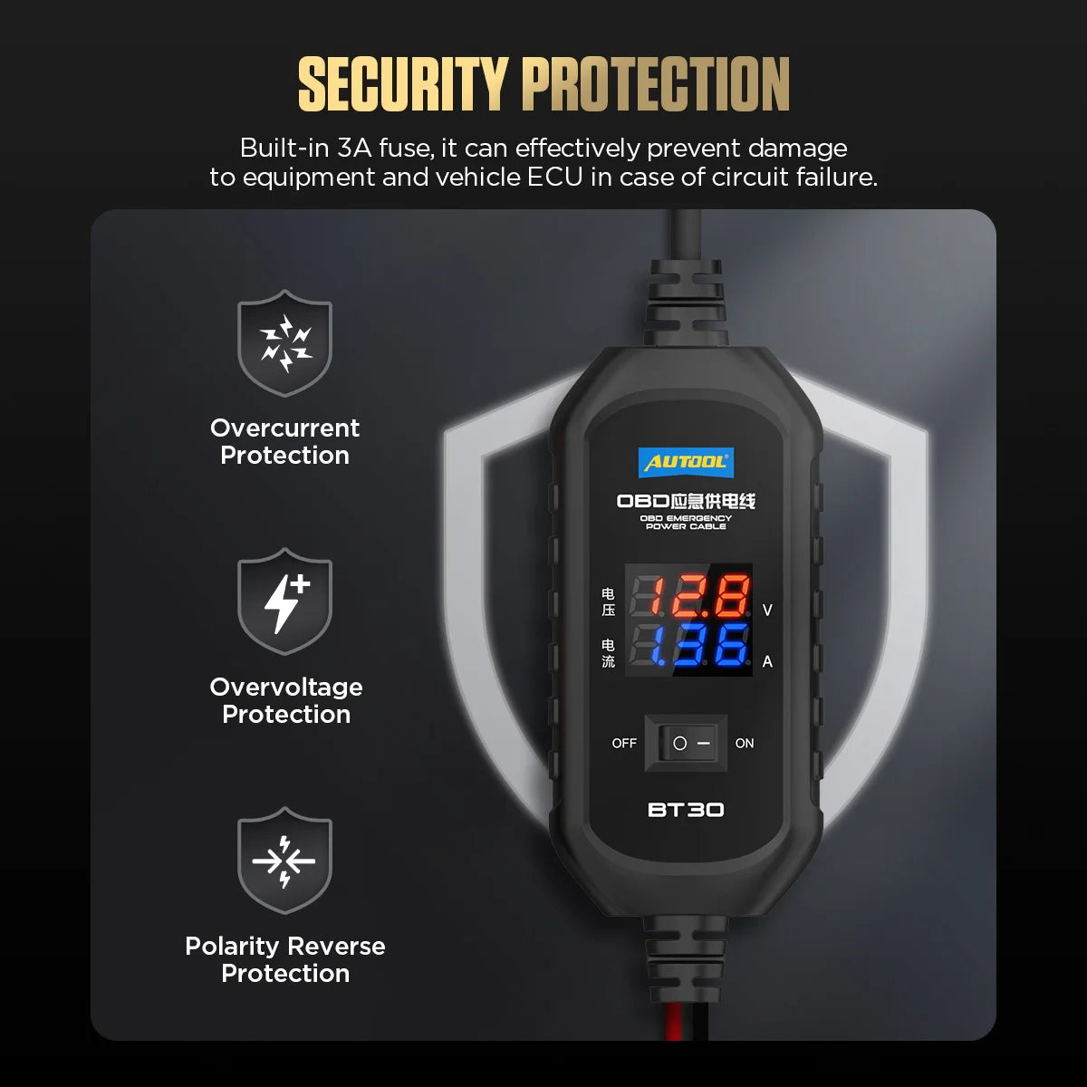 AUTOOL BT30 Car OBD ECU Connector Emergency Power Supply Cable Battery Cable Saver Emergency Electrical Plug Car ECU Memory Save