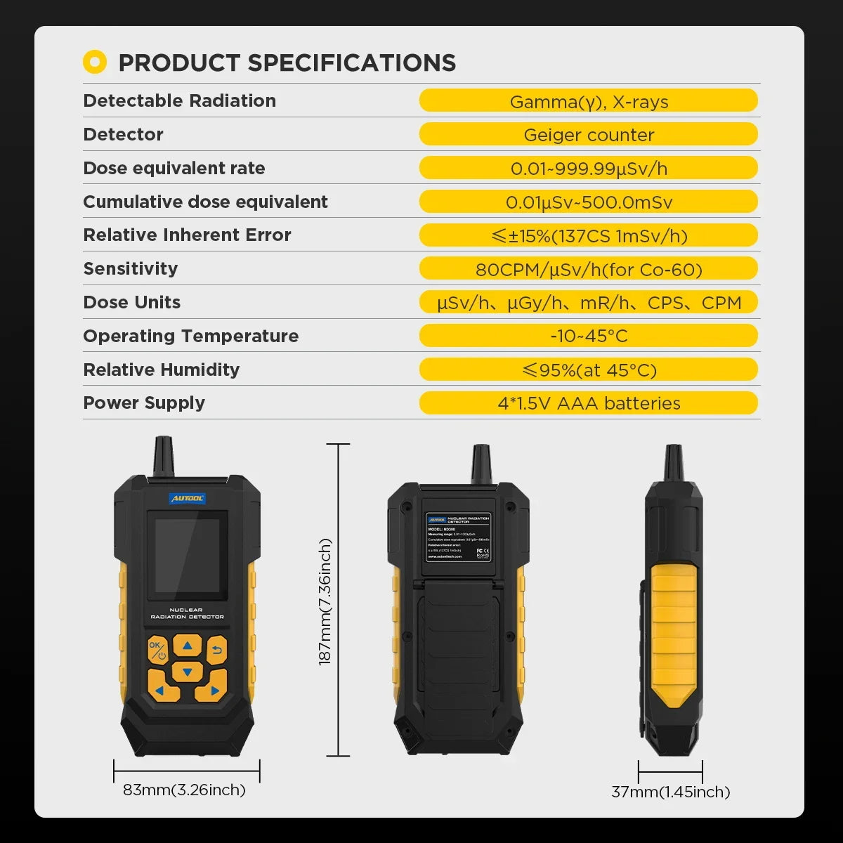 AUTOOL ND300 Geiger Counter Nuclear Radiation Detector Radiation Dosimeter X γ β ray Radioactivity Tester Sound Alarm Radiometer