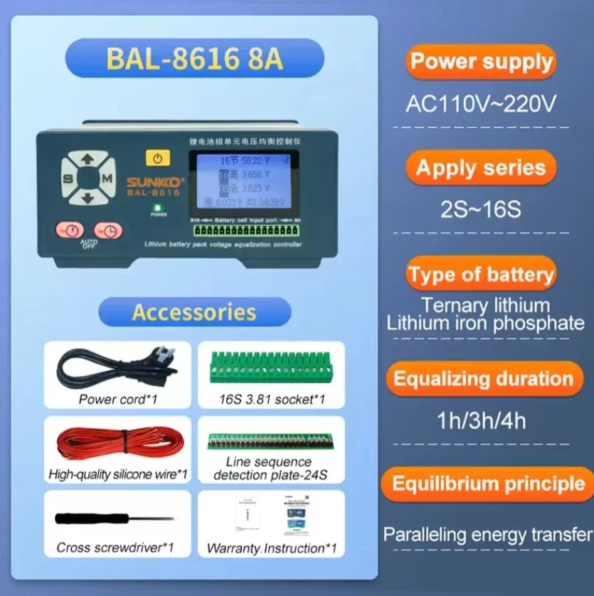 2-16S 16S 24S li ion lifepo4 5A 8A Sunkko BAL-8616 battery balancer equalizer battery repair machine