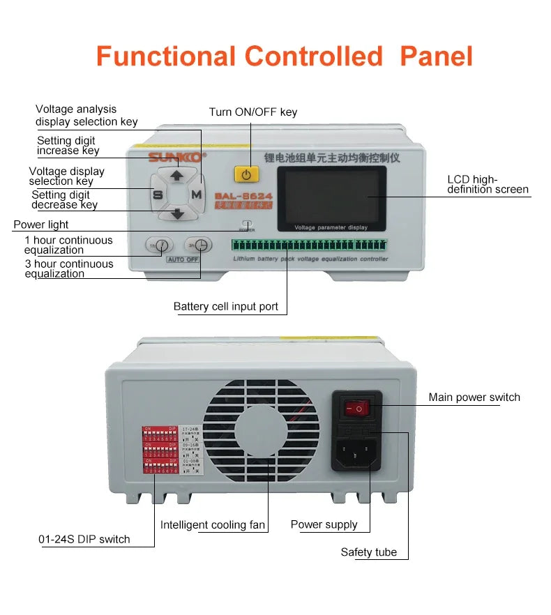 SUNKKO BAL 8624 Lithium Battery Pack 24 series Active Balancing Repair Instrument 8A Recovery Voltage Difference HD LCD Display