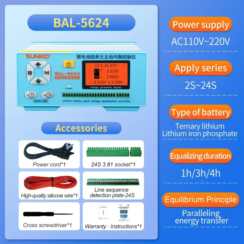 SUNKKO BAL 5624 Lithium Battery Pack 24 series Active Balancing Repair Instrument 8A Recovery Voltage Difference HD LCD Display