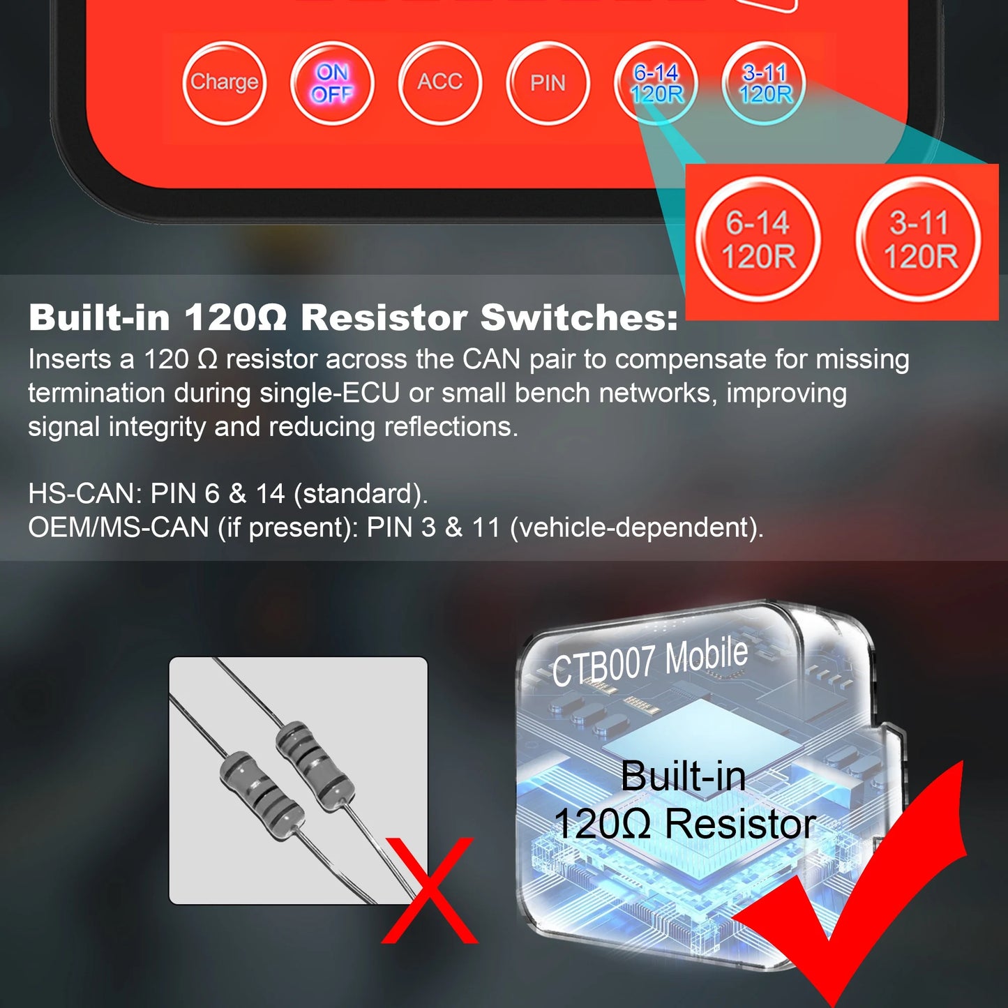 WOYO CTB007 Mobile Support Rechargerable Battery ECU Testing Tool With 2pcs Built-in 120 ohm Resistor, Provide ACC Power