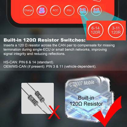WOYO CTB007 Mobile Support Rechargerable Battery ECU Testing Tool With 2pcs Built-in 120 ohm Resistor, Provide ACC Power