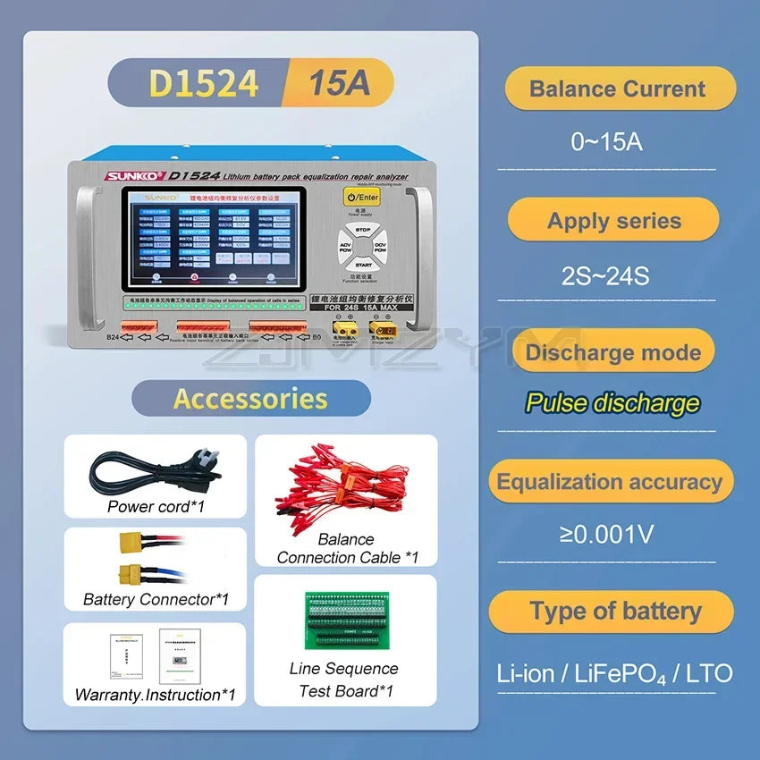 SUNKKO D1524 15A High Current Lithium Battery Equalizer Pressure Difference Repair Balancer Battery Equalizer Car Maintenance