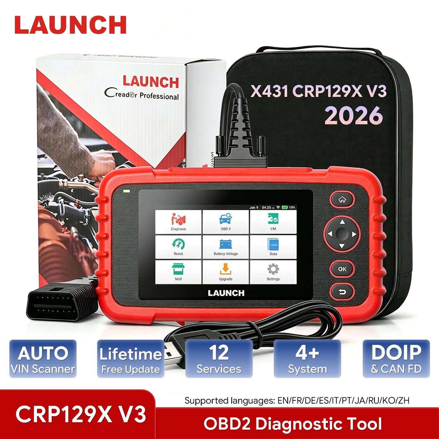 LAUNCH X431 CRP129X V3 Car OBD2 Scanner Engine Battery Test Read Clear Codes Real-Time Data Professional OBDII Diagnostic Tools