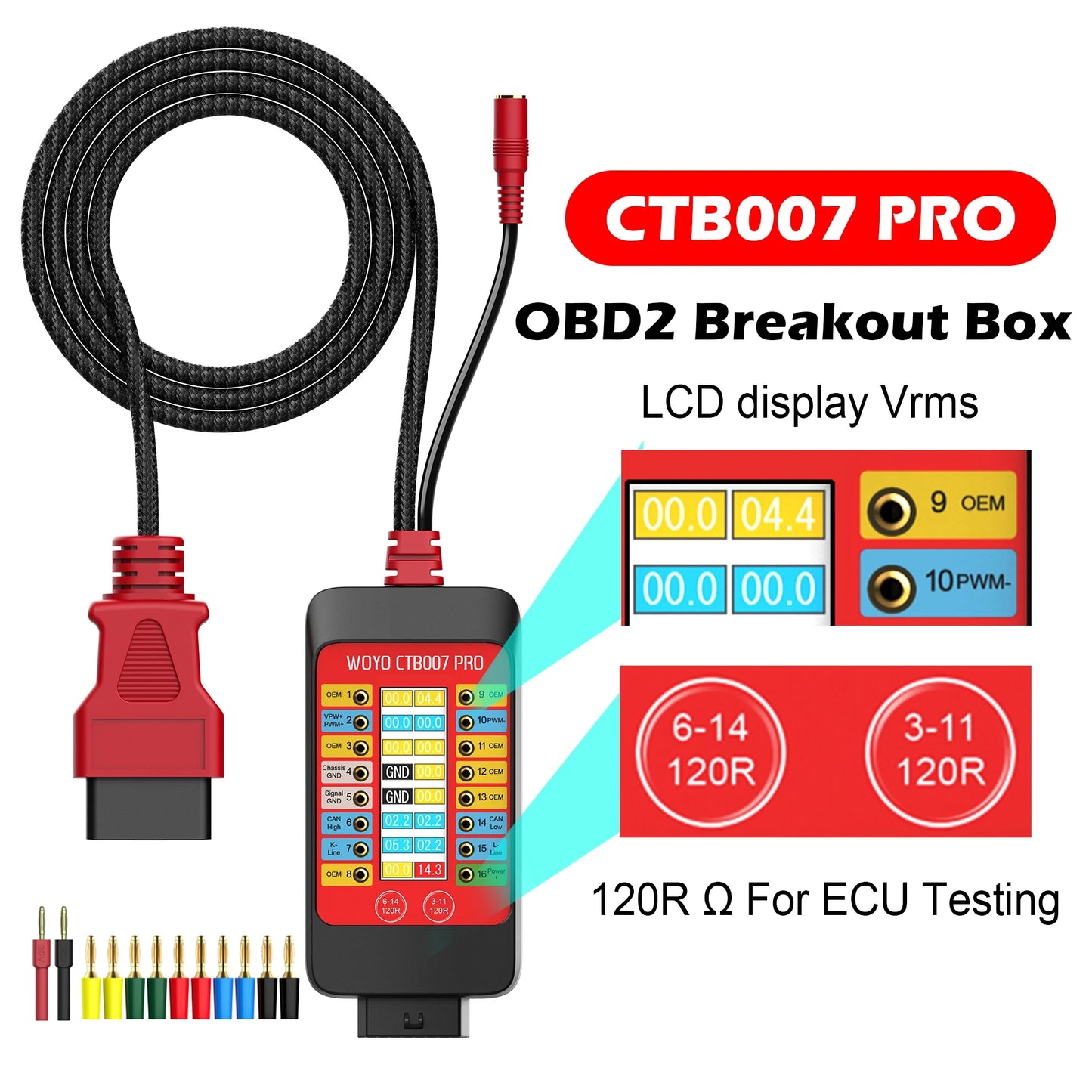 WOYO CTB007 PRO OBD2 Breakout Box with LCD Display 16PINs Vrms, ECU Testing on Bench with Built-in 120ohm Resistor, Diagnostic Tool