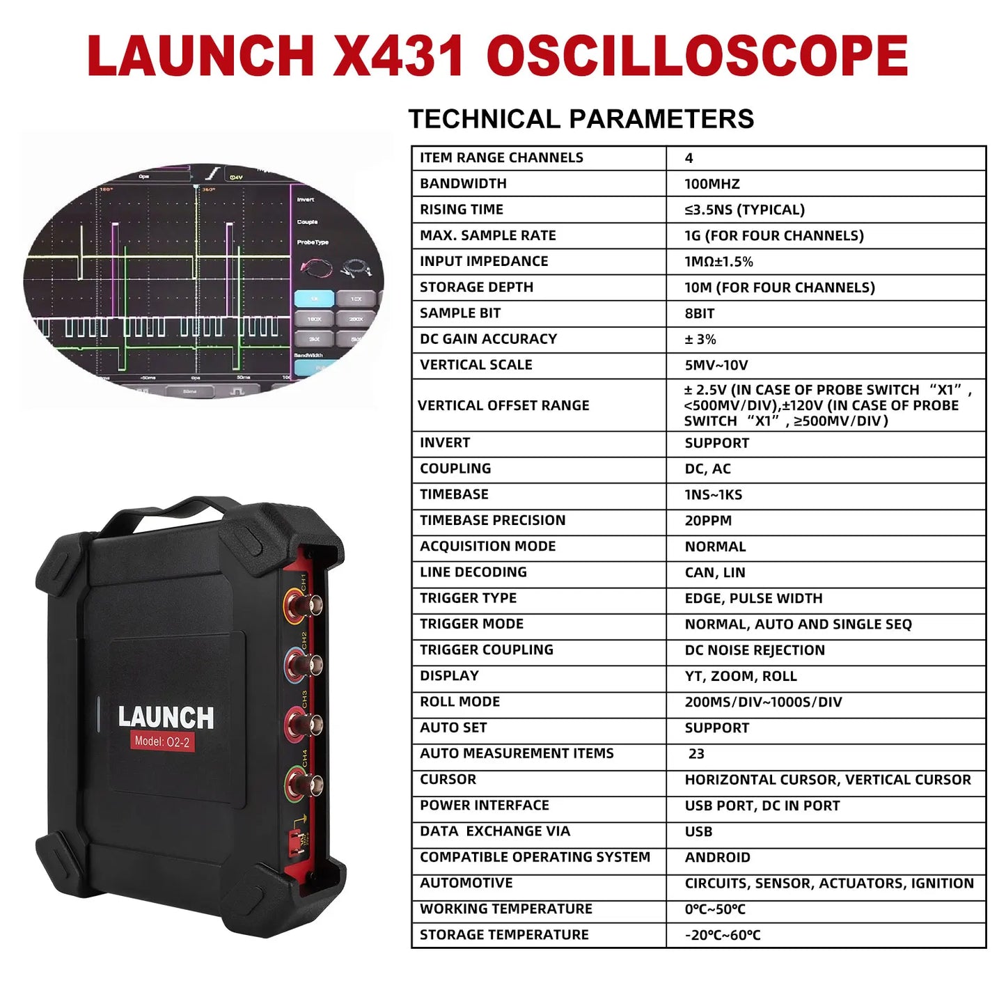 LAUNCH X-431 Oscilloscope O2-2 Scopebox Analizador 4 Channels Tester Compatible With X-431 PAD VII ,PAD V, PAD V Elite,PAD III