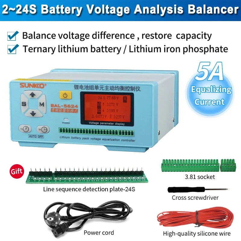 SUNKKO BAL 5624 Lithium Battery Pack 24 series Active Balancing Repair Instrument 8A Recovery Voltage Difference HD LCD Display