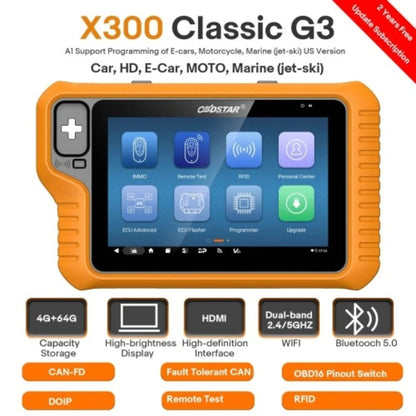 OBDSTAR X300 Classic G3 Key Programmer with Built-in CAN FD DoIP Support Car/ HD/ E-Car/ Motorcycles/ Jet Ski Get Free Key Full version