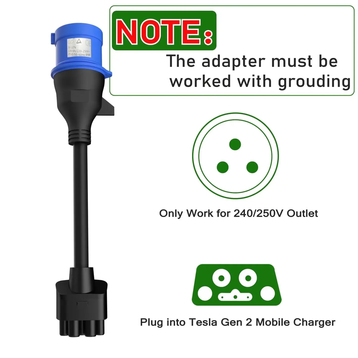 For Tesla 3 Pin Blue CEE Adapter Tesla Model S,3,X,Y Gen 2 Ev Charger Extension Cord Connector 240V Outlet at 32A 10 Inch