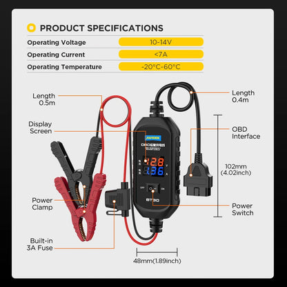 AUTOOL BT30 Car OBD ECU Connector Emergency Power Supply Cable Battery Cable Saver Emergency Electrical Plug Car ECU Memory Save