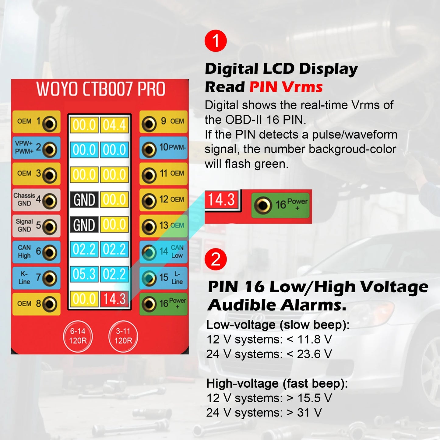 WOYO CTB007 PRO OBD2 Breakout Box with LCD Display 16PINs Vrms, ECU Testing on Bench with Built-in 120ohm Resistor, Diagnostic Tool