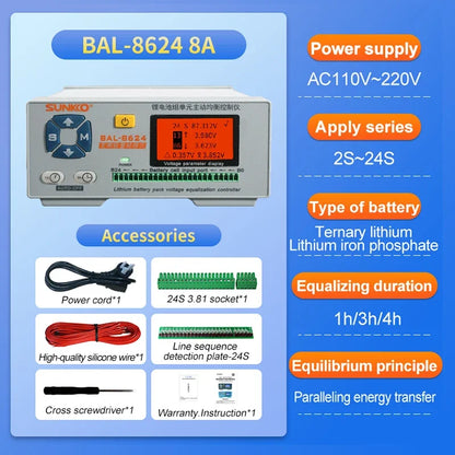 SUNKKO BAL 8624 Lithium Battery Pack 24 series Active Balancing Repair Instrument 8A Recovery Voltage Difference HD LCD Display