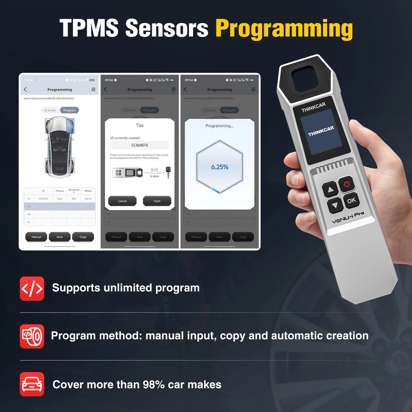 THINKCAR VENU i-Pro TPMS Car Tire Pressure Inspection Tool 315MHz/433MHz TPMS Tire Repair Tool Activation Programming Learning
