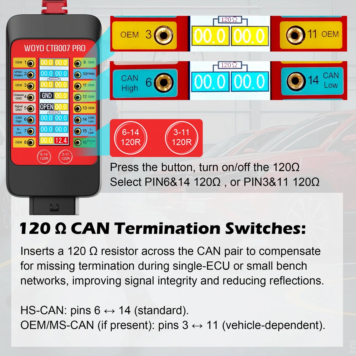 WOYO CTB007 PRO OBD2 Breakout Box with LCD Display 16PINs Vrms, ECU Testing on Bench with Built-in 120ohm Resistor, Diagnostic Tool