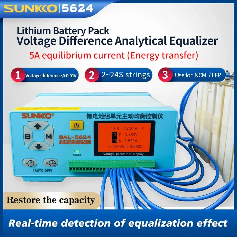 SUNKKO BAL 5624 Lithium Battery Pack 24 series Active Balancing Repair Instrument 8A Recovery Voltage Difference HD LCD Display