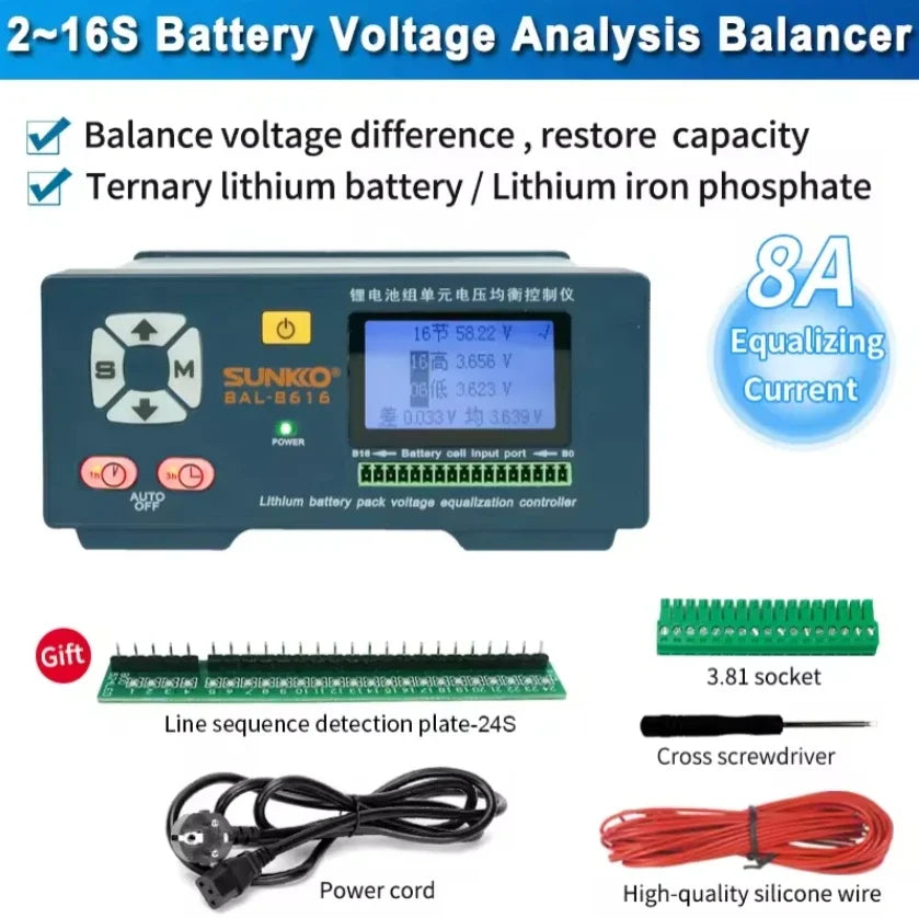 2-16S 16S 24S li ion lifepo4 5A 8A Sunkko BAL-8616 battery balancer equalizer battery repair machine