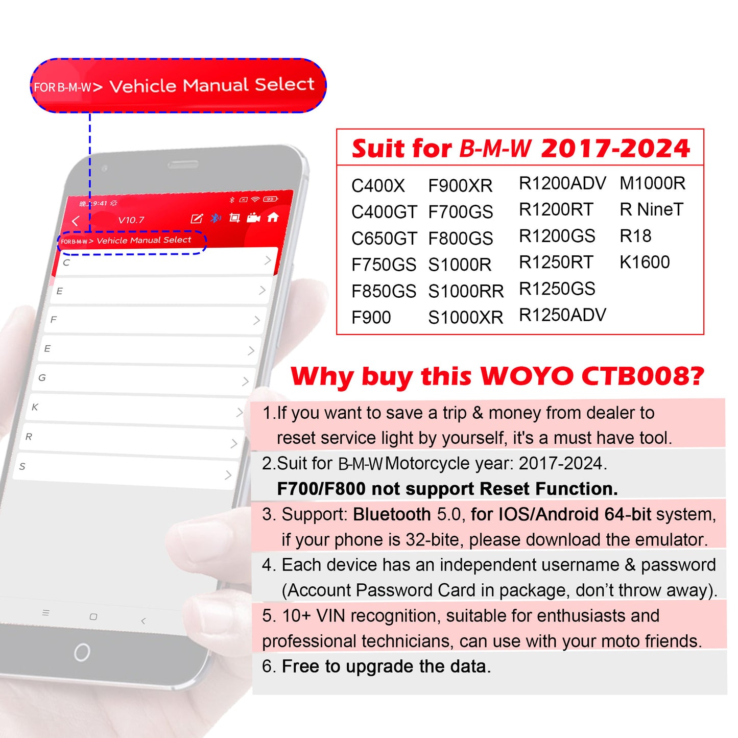 WOYO CTB008PRO  for BMW Motorcycle OBD Wireless Diagnostic Instrument for IOS for Android Universal Clearing of read faults