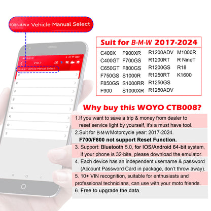 WOYO CTB008PRO  for BMW Motorcycle OBD Wireless Diagnostic Instrument for IOS for Android Universal Clearing of read faults