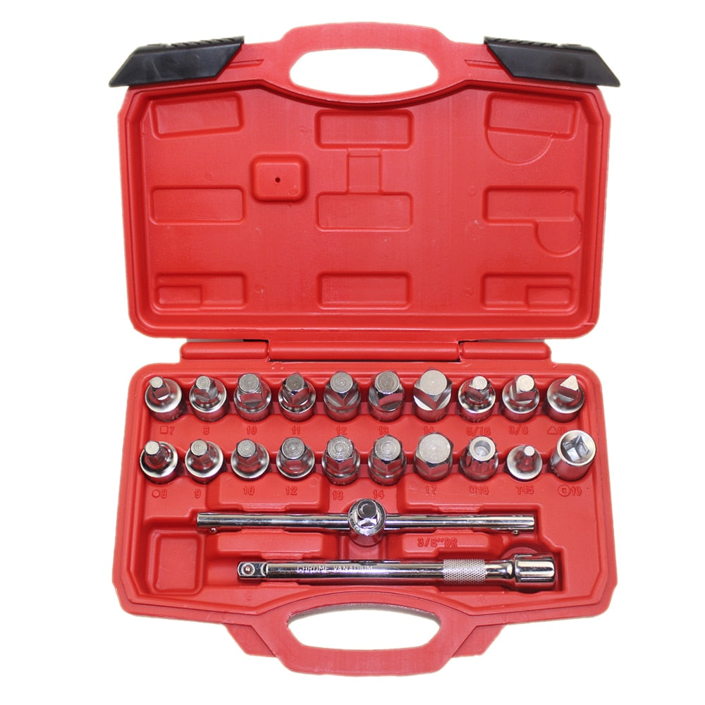 22PCS Oil Drain Plug Removal Tool Key Set Square Hexagon Socket Kit Nut Adaptor Tool With Extension Bar