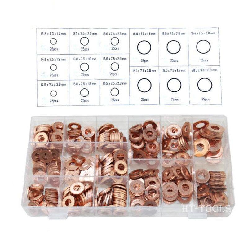 375pcs Copper Washers Set Solid Copper Washer Gasket Sealing Ring Assortment Kit Set with Case15 Sizes Oil sump screw Copper